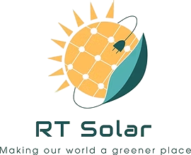 RT Solar logo: a stylized sun icon designed to look like a solar panel, wrapped by a green leaf with an electrical plug. Below the icon, the words "RT Solar" appear in a modern dark font, followed by the tagline "Making our world a greener place