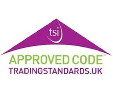 Trading Standards Approved Code logo: a purple triangular shape containing the "tsi" logo, above the words "APPROVED CODE" in green and "TRADINGSTANDARDS.UK" in purple.