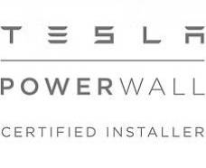 Tesla Powerwall Certified Installer logo: the word "TESLA" in a minimalist font above a horizontal line, with "POWERWALL" and "CERTIFIED INSTALLER" written in grey text below.