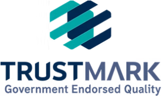 TrustMark logo: a teal and navy blue geometric hexagonal icon above the word "TRUSTMARK" and the tagline "Government Endorsed Quality" in blue.